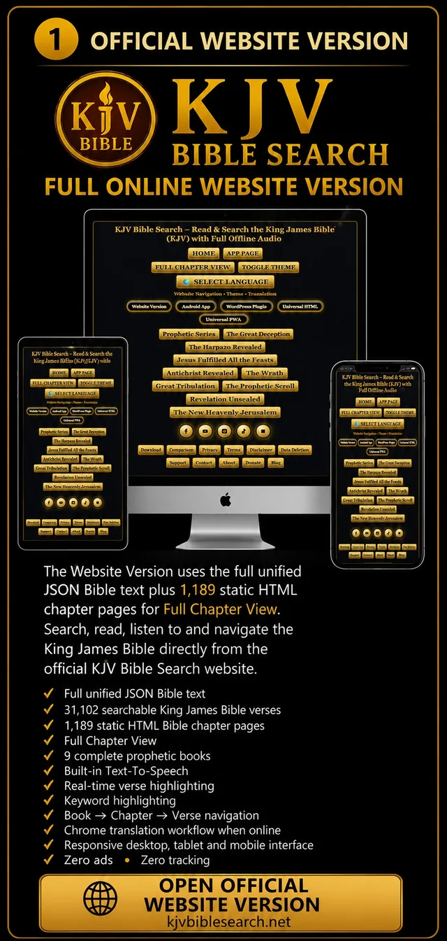 Product 1 — Official KJV Bible Search Website Version with full online KJV Bible search, chapter pages, audio, real-time verse highlighting, copy and share, navigation and zero ads