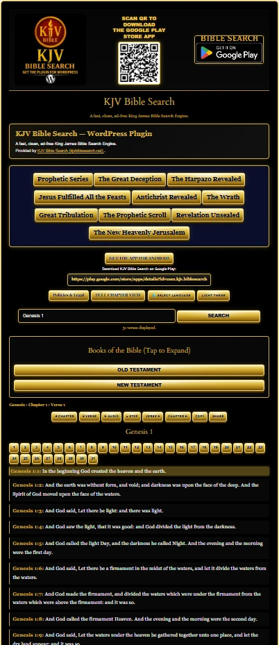 KJV Bible Search WordPress Plugin interface showing Scripture search, Bible books, chapter navigation and verse results