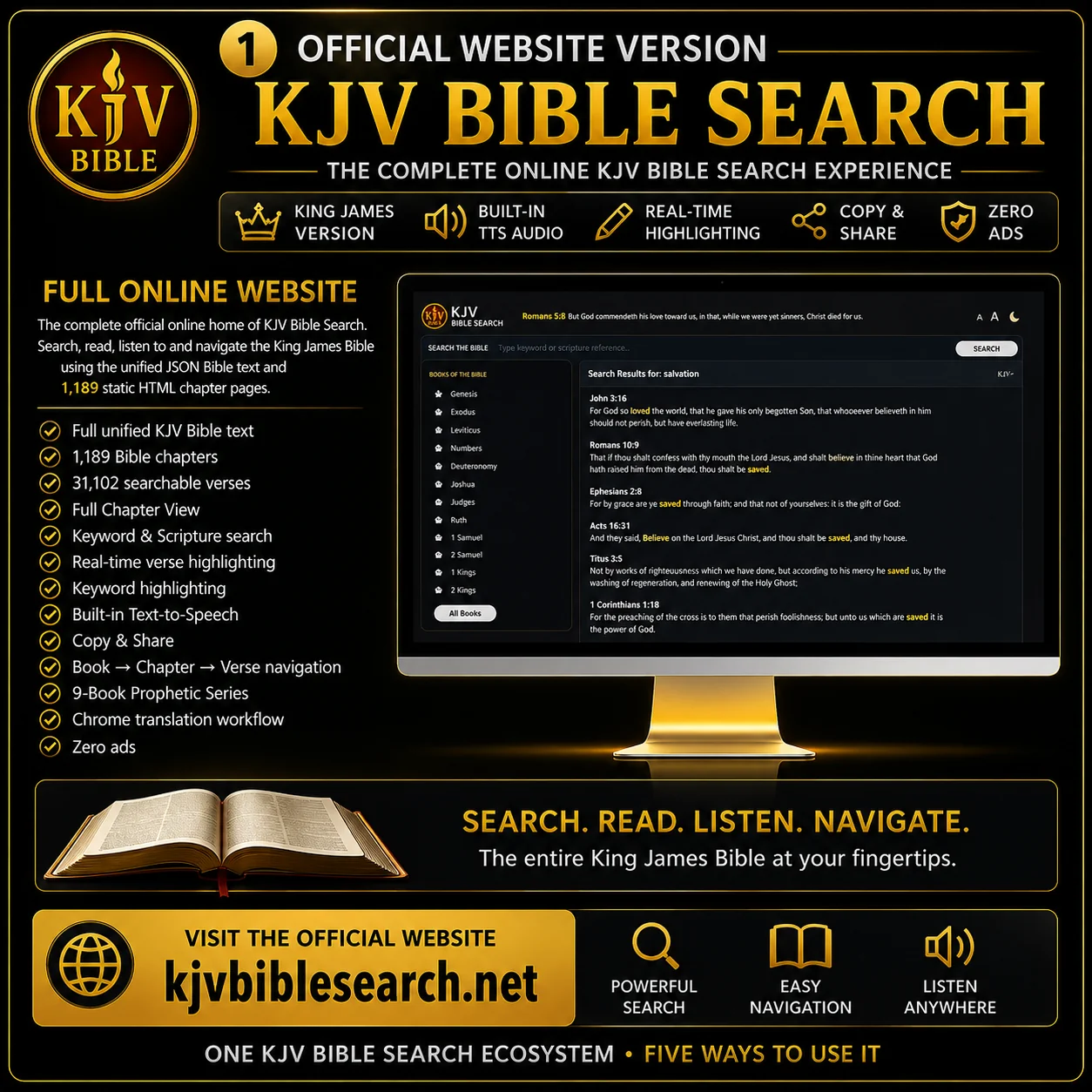 Official KJV Bible Search Website Version — full unified KJV Bible JSON text, 1,189 HTML Bible chapter pages, Full Chapter View, 9 prophetic books, Text-To-Speech, real-time verse highlighting, keyword highlighting, Chrome translation workflow and zero ads
