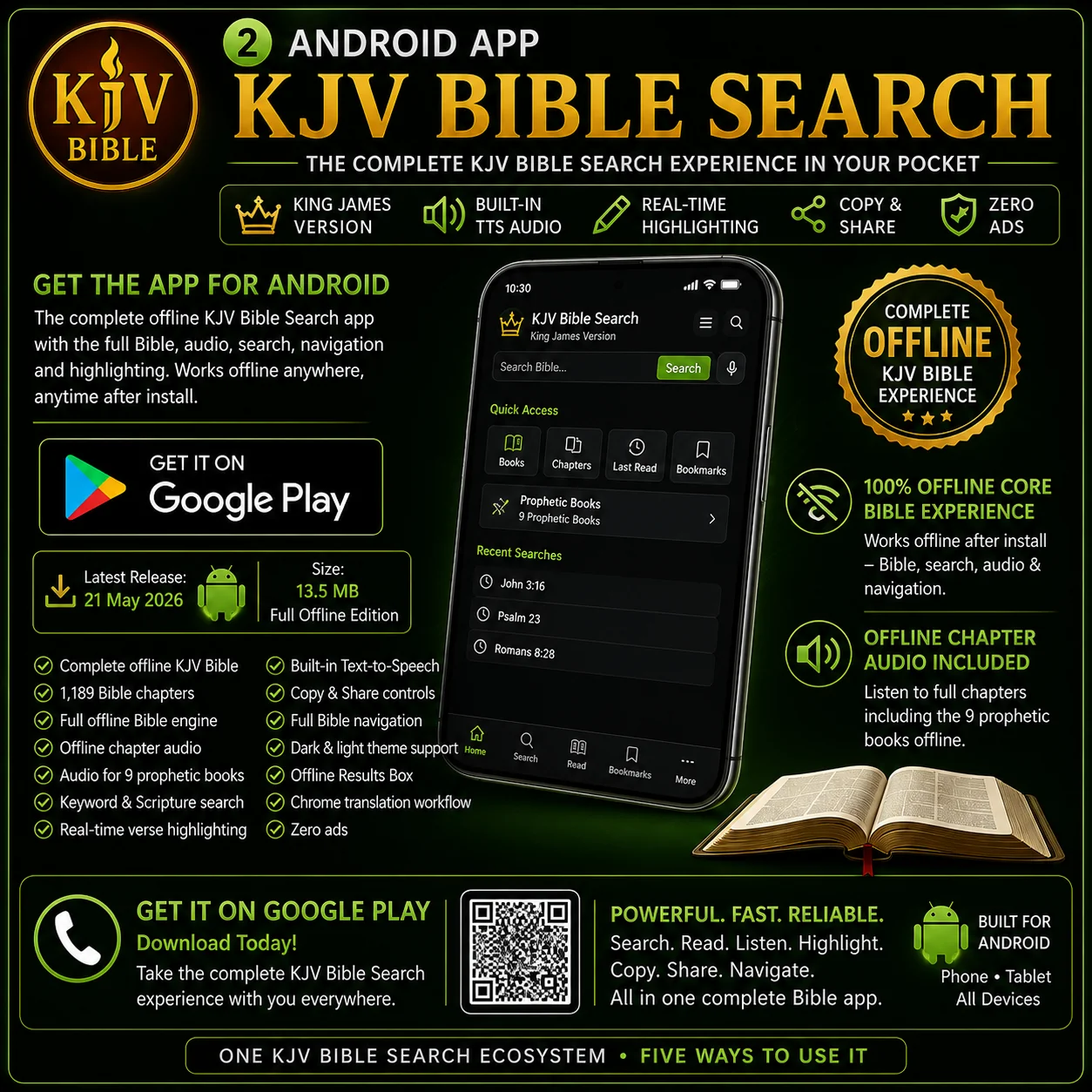 KJV Bible Search Android App — full offline KJV Bible, all 1,189 Bible chapters, offline chapter audio, 9 prophetic books, Scripture search, real-time verse highlighting, Text-To-Speech, Copy and Share, dark and light themes and zero ads