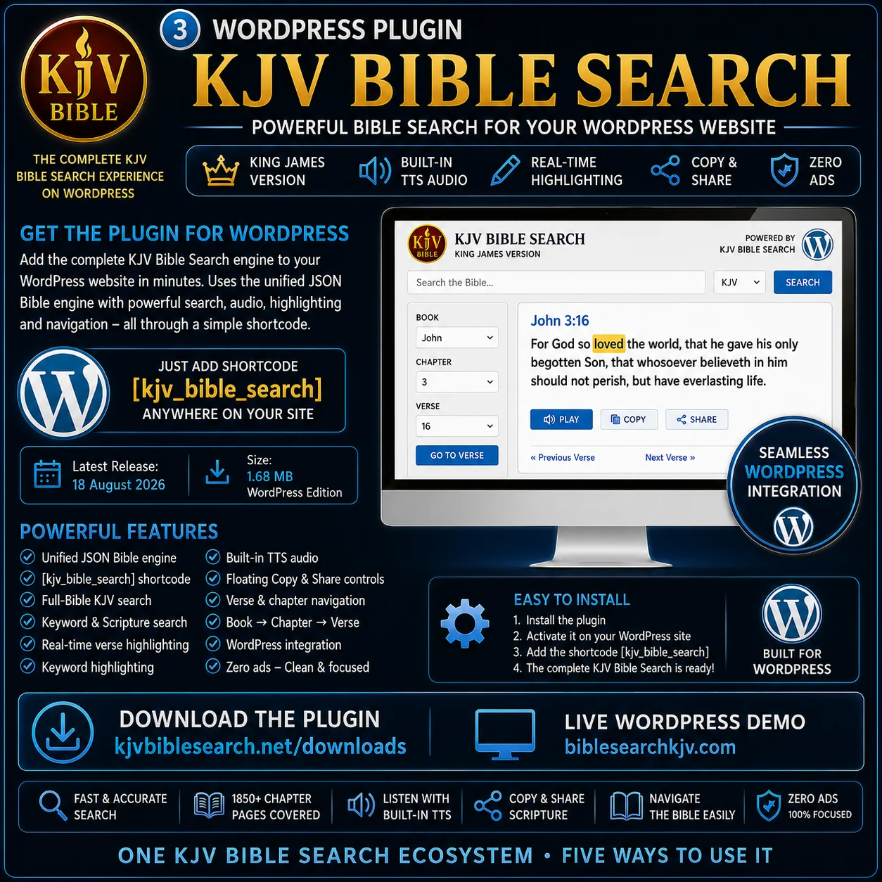 KJV Bible Search WordPress Plugin — unified JSON Bible engine, KJV Bible Search shortcode, Scripture-reference search, real-time verse highlighting, keyword highlighting, Text-To-Speech, Copy and Share and chapter navigation