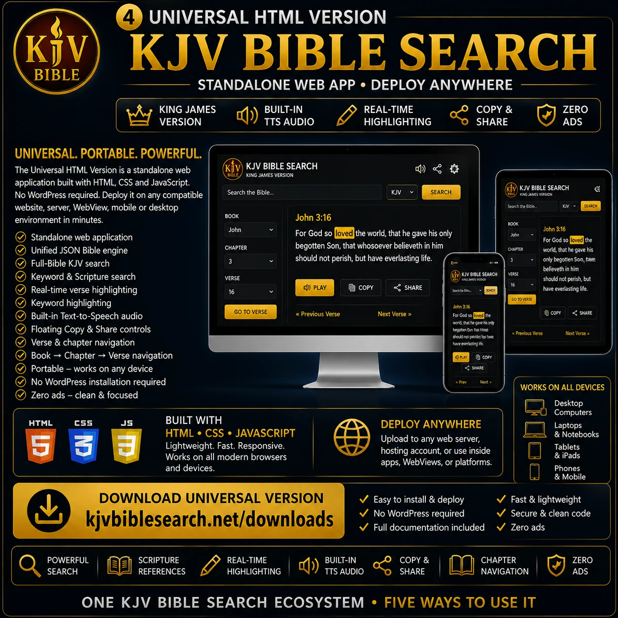 KJV Bible Search Universal HTML Version — standalone HTML CSS and JavaScript KJV Bible Search application with unified JSON Bible engine, Scripture search, real-time highlighting, Text-To-Speech, Copy and Share and chapter navigation