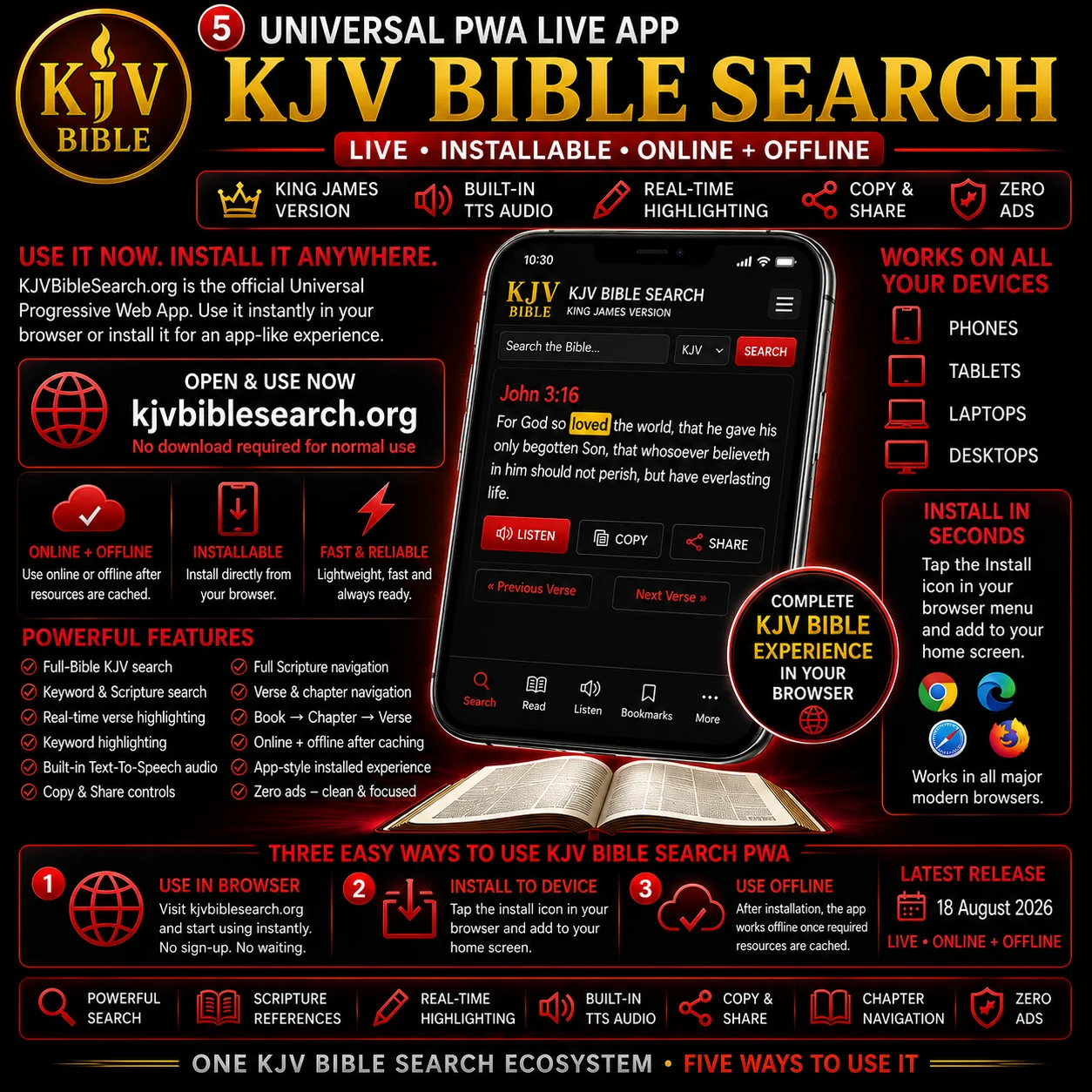 KJV Bible Search Universal Progressive Web App — live installable KJV Bible PWA with online and supported offline operation, Scripture search, verse highlighting, Text-To-Speech, Copy and Share and full Scripture navigation